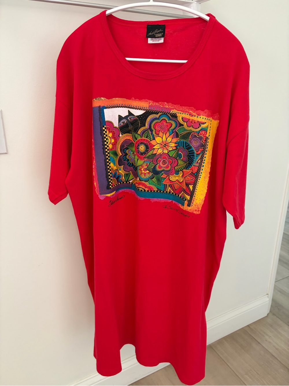 Vintage Laurel Burch Red Cat Floral Cover Up Dress OSFM Art Tee Beach Baddie - Picture 3 of 8